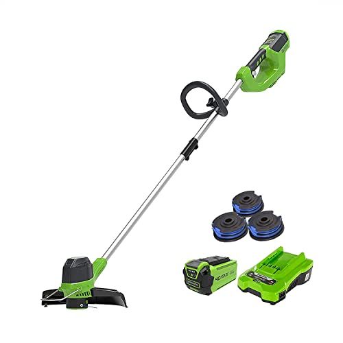 Greenworks G40LT - avec 3 bobines double fil - Li-Ion 40 V - 30 cm largeur de coupe 7000 tr/min - tête de coupe rotative et inclinable - manche aluminium avec batterie 2Ah et chargeur