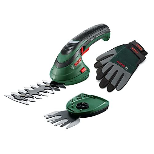 Bosch Ensemble de coupe-herbe à batterie Isio (3,6 V, longueur de lame 12 cm, espacement des lames 8 mm, avec gants de jardinage XL inclus) - Édition Amazon