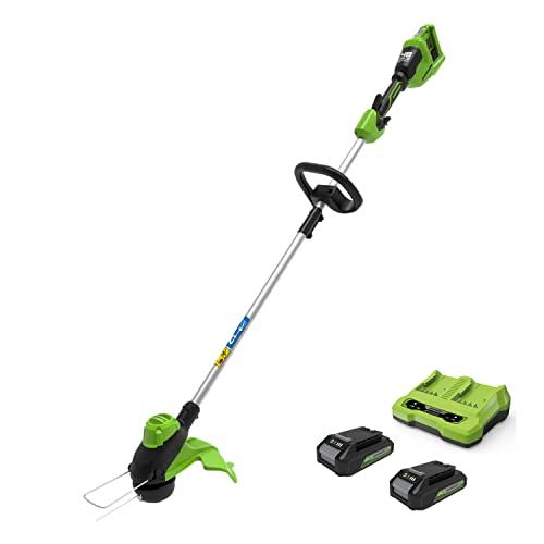 Greenworks 2×24V - Débroussailleuse, 33 cm Coupe Bordure sans Fil - Ligne de Sortie Double 2 mm - Max 6000 TR/Min - Double Vitesse - Anneau Poignée Auxiliaire - avec 2 Batteries 2 Ah et Chargeur